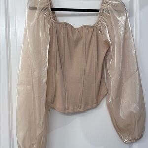 ODDY Beige Blouse with Sheer Sleeves